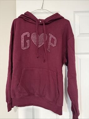 GAP Women's Burgundy Hoodie with Glitter Heart Appliqué